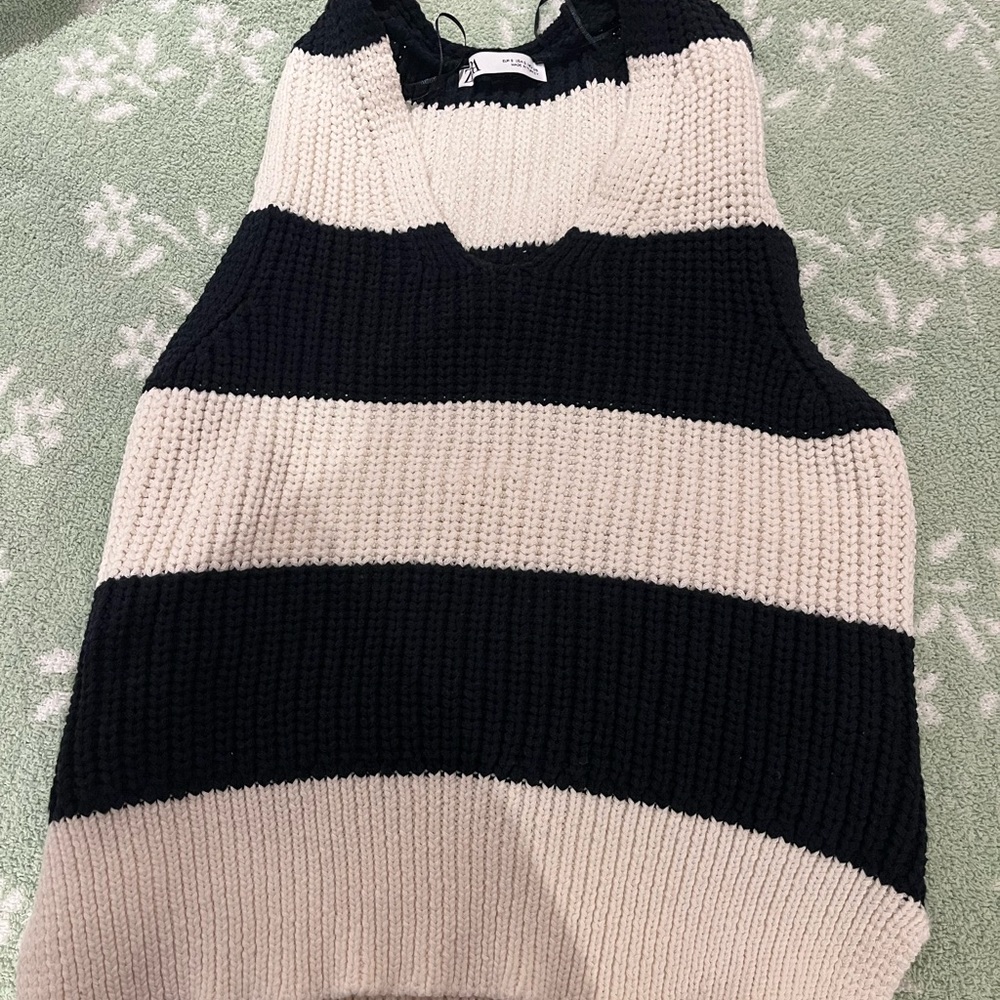 Striped Black and Cream Knit Sweater Vest